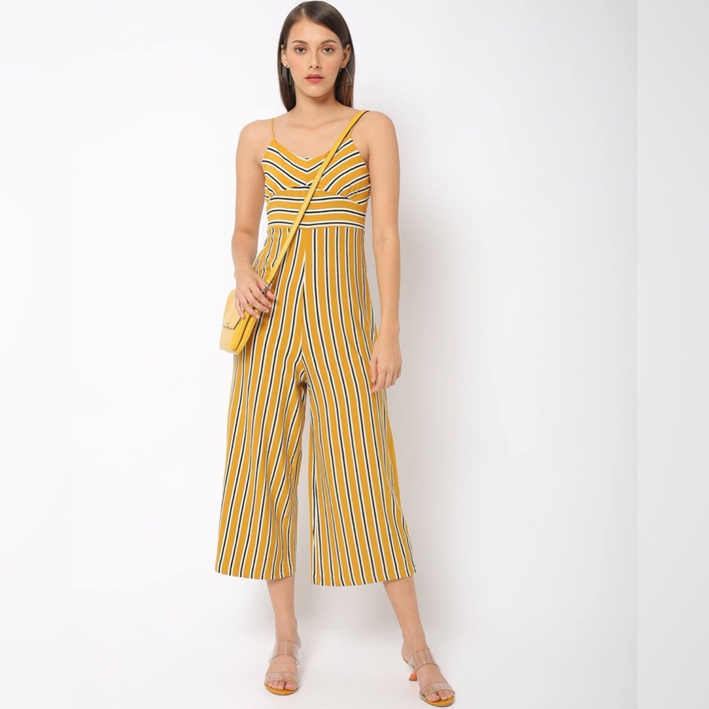 Vibrant Yellow and White Jumpsuit with Retro Stripes